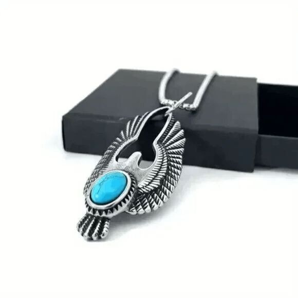 Stainless Steel Eagle Turquoise Unisex Pendant Necklace - Picture 3 of 5
